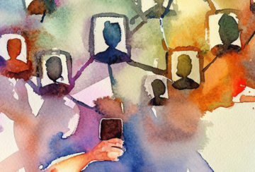 watercolor style image showing a nexus of social media platform icons